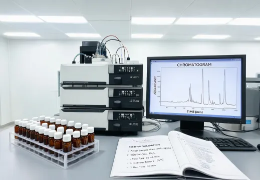 Chromatography lab with sample vials and method notes