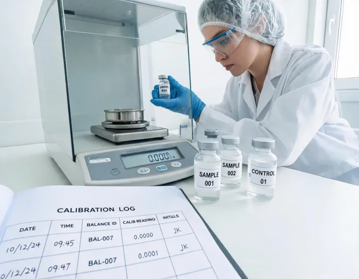 Lab scientist preparing samples near an analytical balance hood